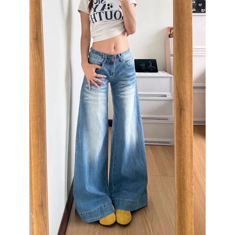 小個子美式辣妹水洗藍微喇闊腿牛仔褲女低腰寬松顯瘦喇叭拖地長褲