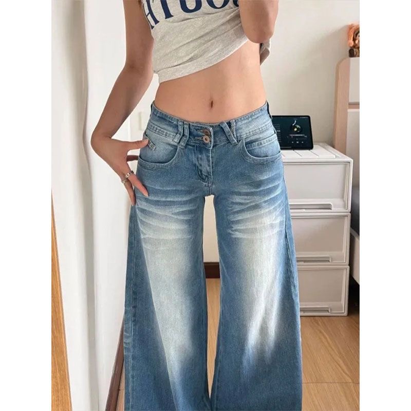 小個子美式辣妹水洗藍微喇闊腿牛仔褲女低腰寬松顯瘦喇叭拖地長褲