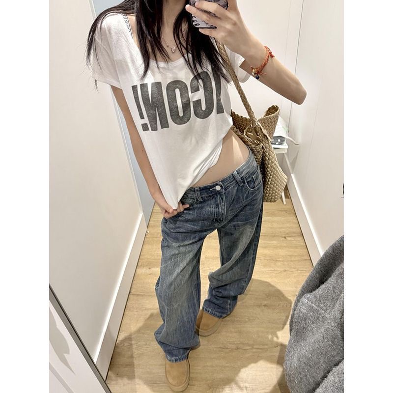 小個子美式復古小眾設計感闊腿牛仔褲女低腰寬松顯瘦直筒拖地長褲
