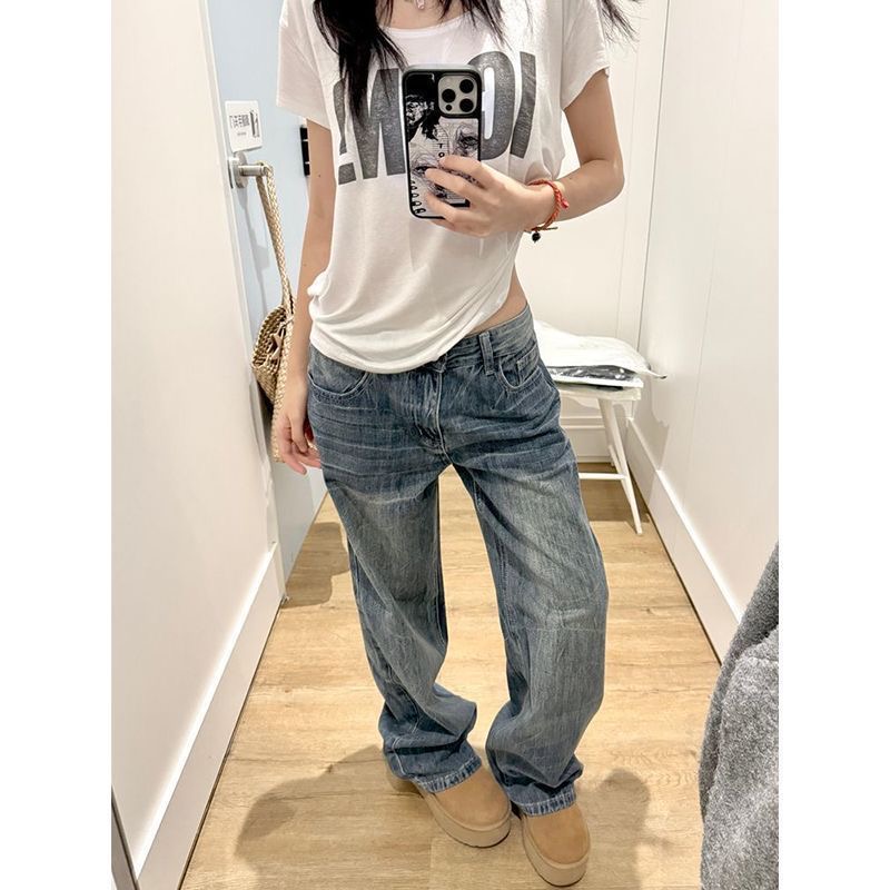 小個子美式復古小眾設計感闊腿牛仔褲女低腰寬松顯瘦直筒拖地長褲