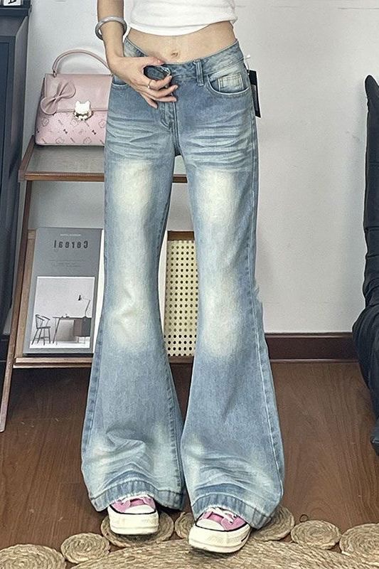 小個子美式設計感折痕水洗微喇牛仔褲女低腰不貼腿顯瘦直筒喇叭褲