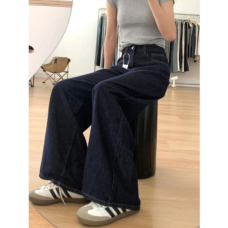小個子美式復古深藍色寬松闊腿牛仔褲女夏季高腰顯瘦直筒拖地褲
