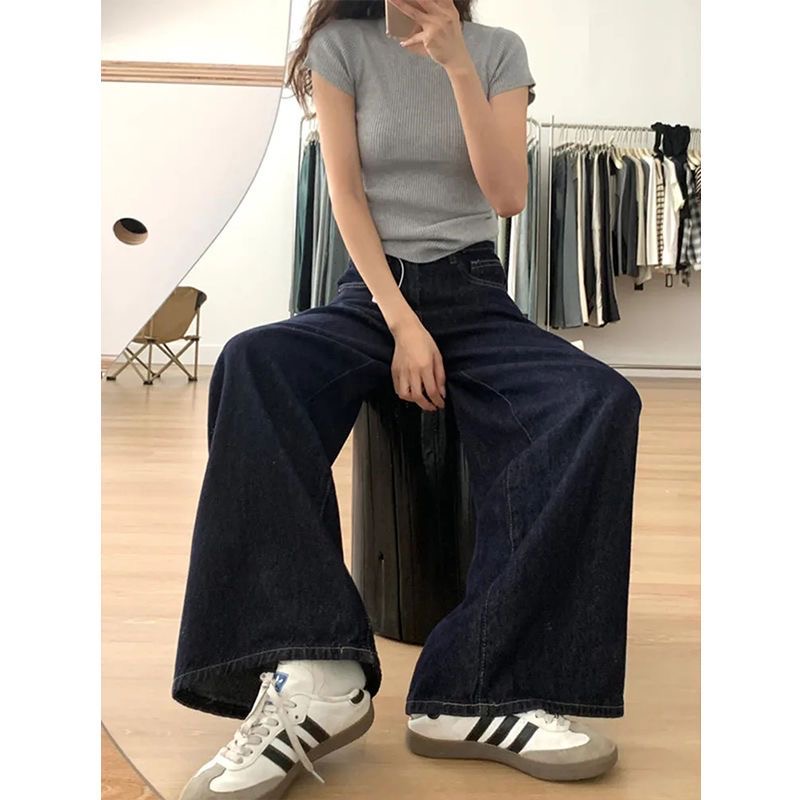 小個子美式復古深藍色寬松闊腿牛仔褲女夏季高腰顯瘦直筒拖地褲