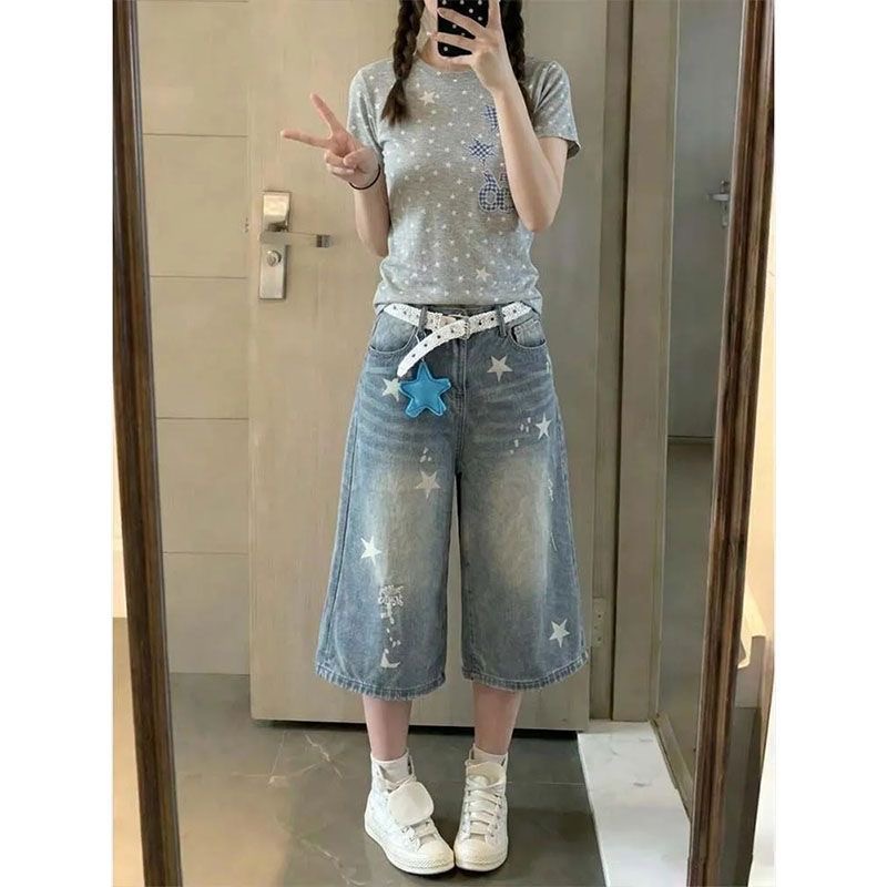小個子美式復古星星印花牛仔七分短褲女夏季高腰寬松顯瘦直筒中褲