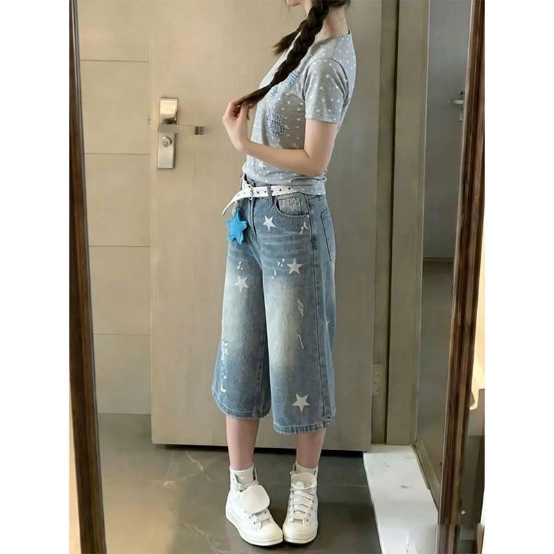 小個子美式復古星星印花牛仔七分短褲女夏季高腰寬松顯瘦直筒中褲