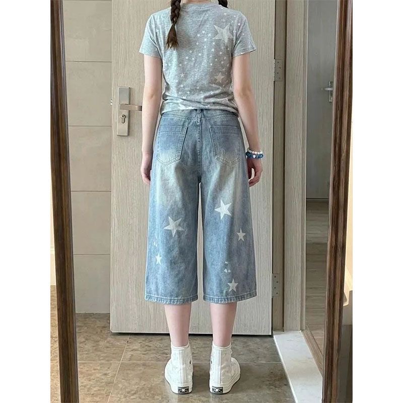 小個子美式復古星星印花牛仔七分短褲女夏季高腰寬松顯瘦直筒中褲
