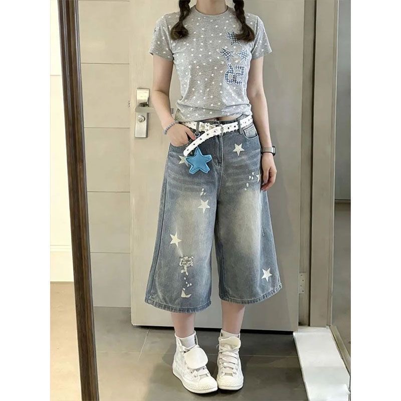 小個子美式復古星星印花牛仔七分短褲女夏季高腰寬松顯瘦直筒中褲