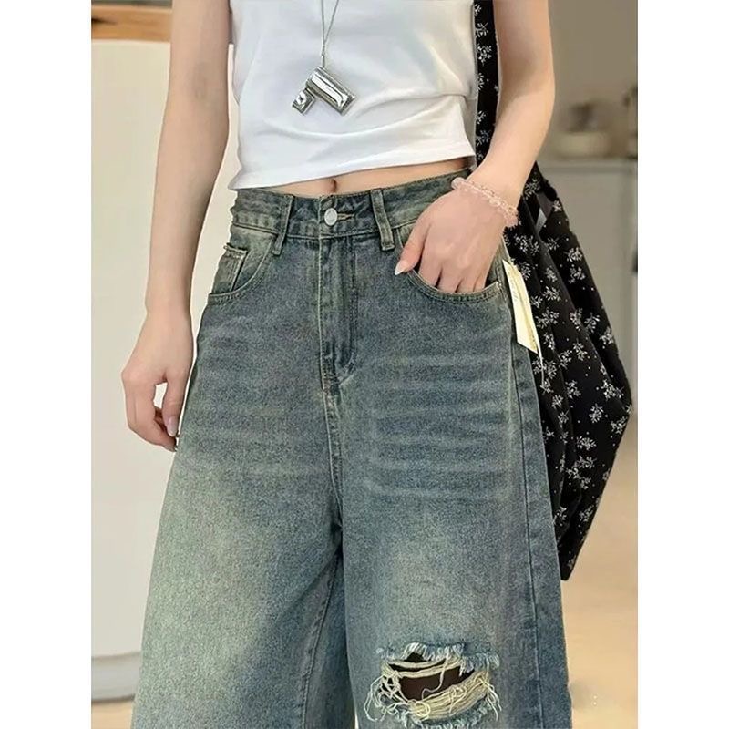 小個子美式直筒破洞牛仔短褲女夏季高街闊腿寬松顯瘦百搭七分中褲