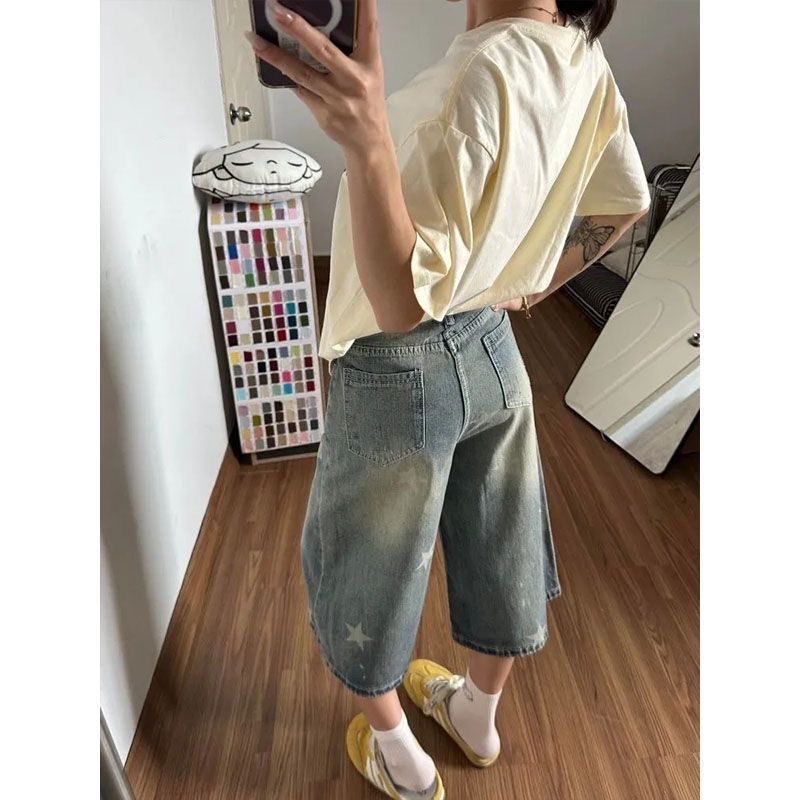 小個子美式復古星星印花牛仔七分短褲女夏季高腰寬松顯瘦直筒中褲