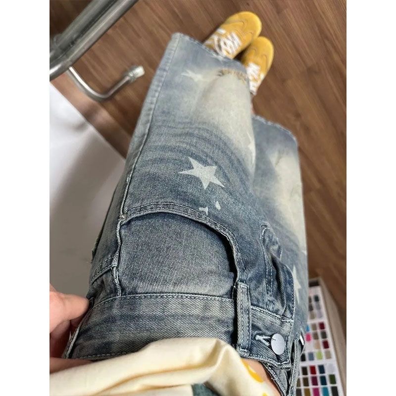 小個子美式復古星星印花牛仔七分短褲女夏季高腰寬松顯瘦直筒中褲