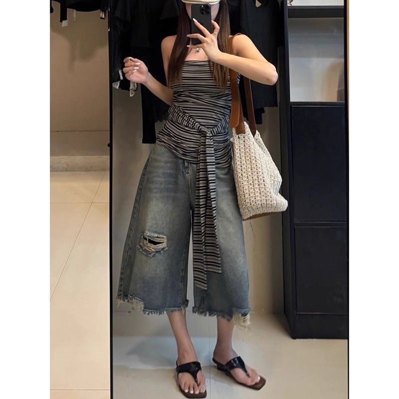 小個子美式直筒破洞牛仔短褲女夏季高街闊腿寬松顯瘦百搭七分中褲