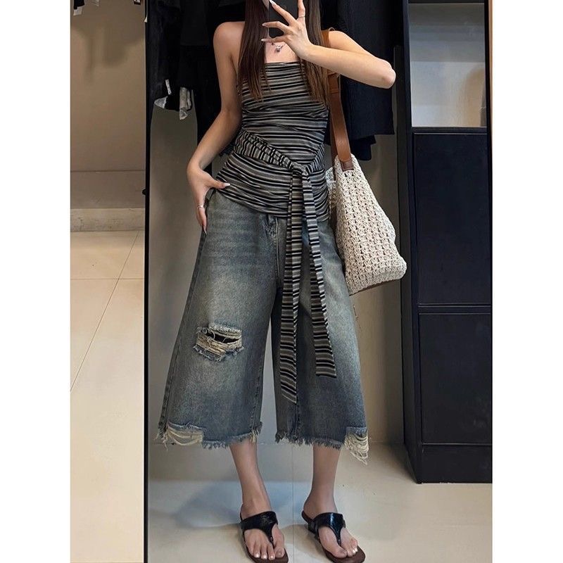 小個子美式直筒破洞牛仔短褲女夏季高街闊腿寬松顯瘦百搭七分中褲