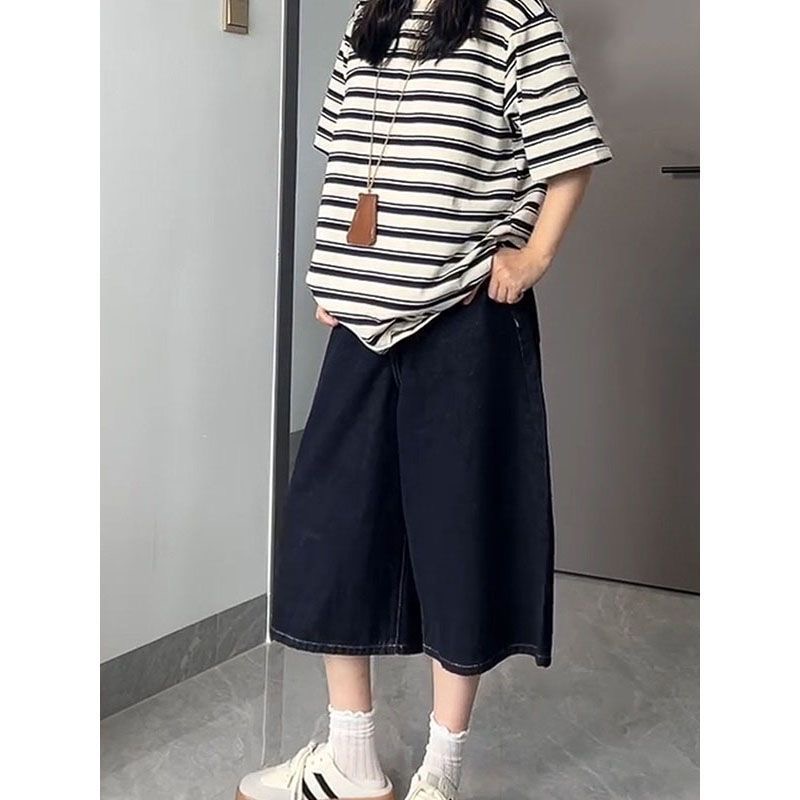 小個子深藍色闊腿七分牛仔短褲女夏季新款高腰寬松顯瘦直筒中褲子