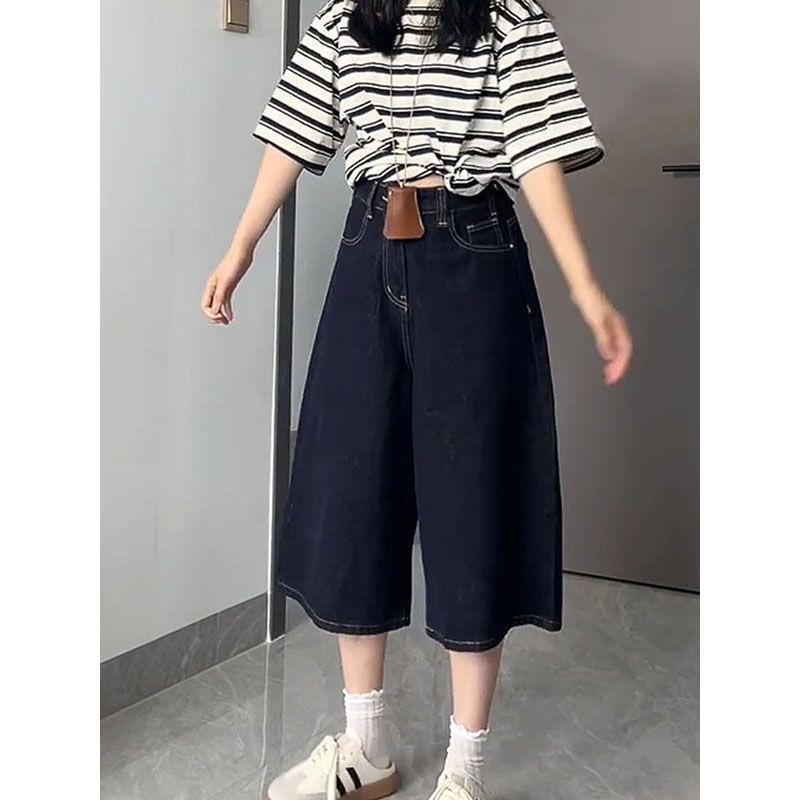 小個子深藍色闊腿七分牛仔短褲女夏季新款高腰寬松顯瘦直筒中褲子