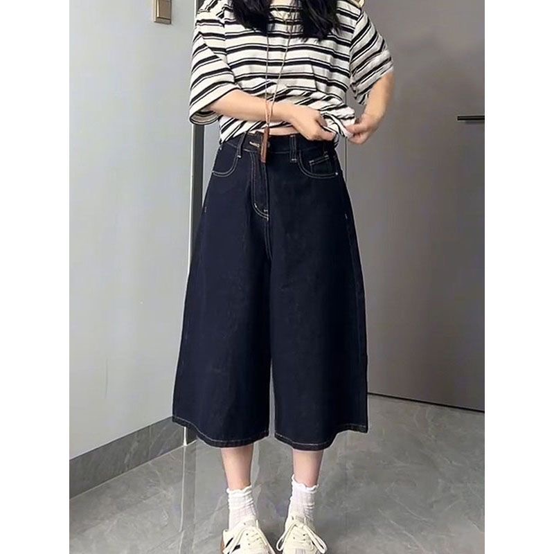 小個子深藍色闊腿七分牛仔短褲女夏季新款高腰寬松顯瘦直筒中褲子