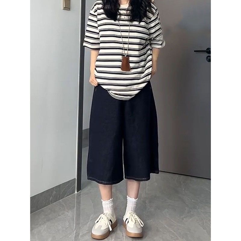 小個子深藍色闊腿七分牛仔短褲女夏季新款高腰寬松顯瘦直筒中褲子