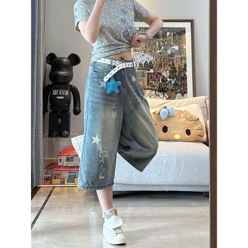 小個子美式復古星星印花牛仔七分短褲女夏季高腰寬松顯瘦直筒中褲
