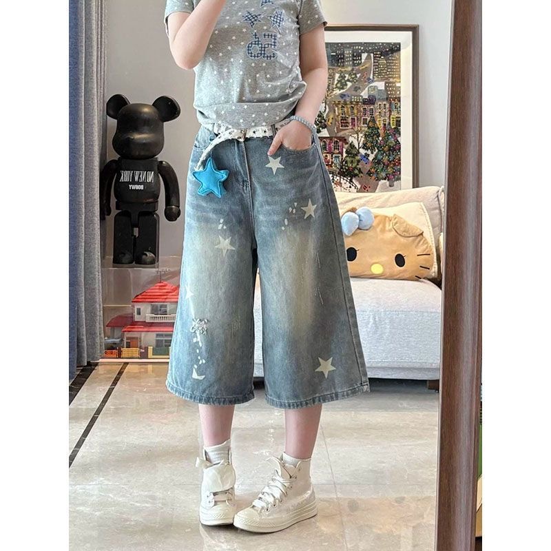 小個子美式復古星星印花牛仔七分短褲女夏季高腰寬松顯瘦直筒中褲
