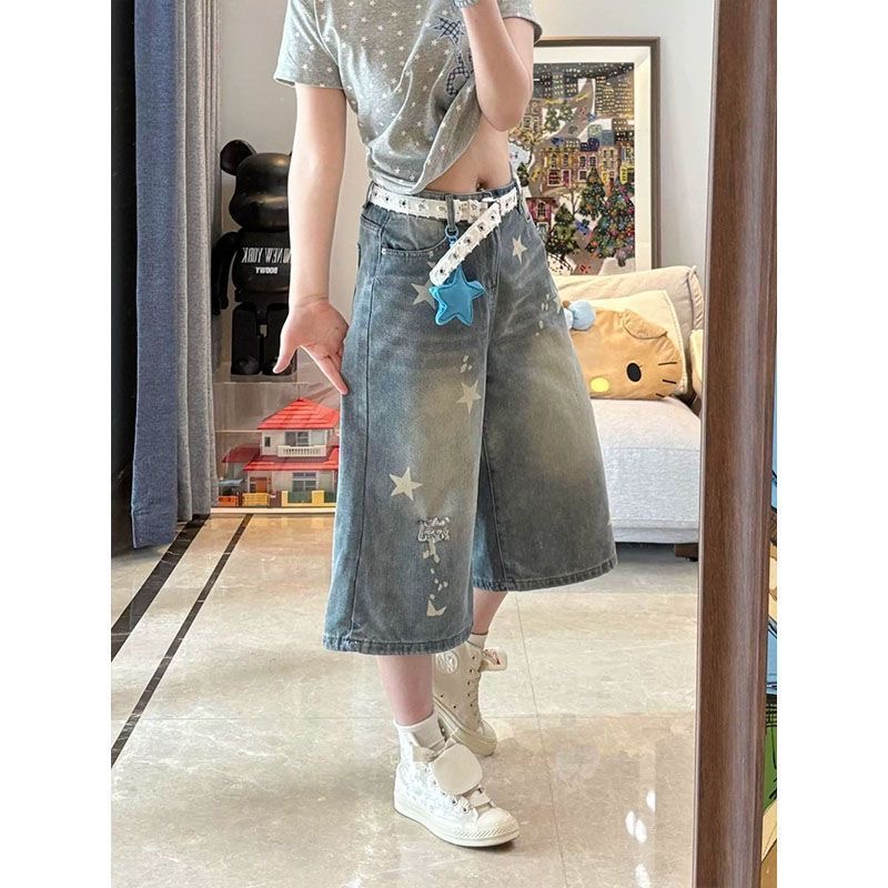 小個子美式復古星星印花牛仔七分短褲女夏季高腰寬松顯瘦直筒中褲