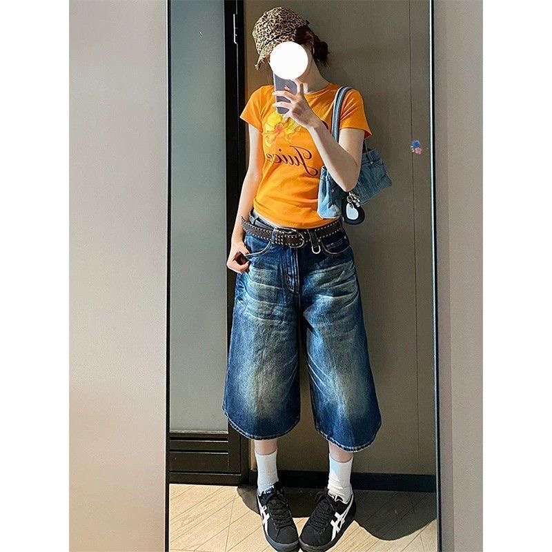 小個子美式復古水洗直筒七分牛仔短褲女夏季高腰闊腿寬松百搭中褲