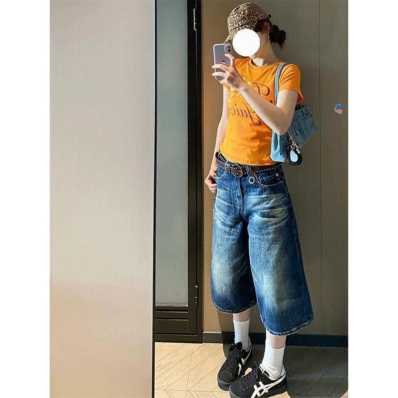 小個子美式復古水洗直筒七分牛仔短褲女夏季高腰闊腿寬松百搭中褲
