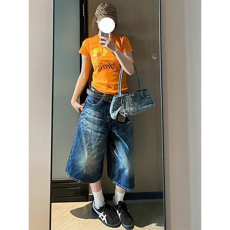 小個子美式復古水洗直筒七分牛仔短褲女夏季高腰闊腿寬松百搭中褲