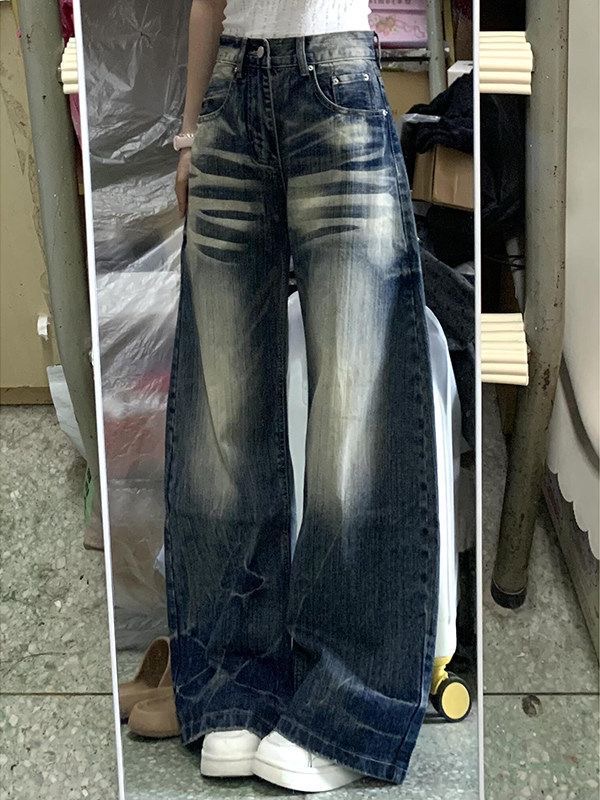 小個子美式高街復古水洗做舊牛仔褲女高腰寬松顯瘦闊腿彎刀褲