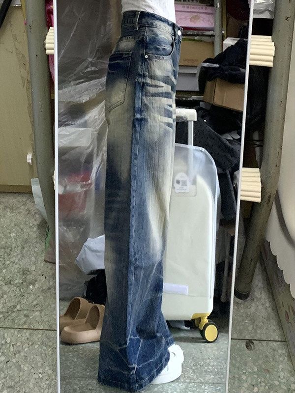 小個子美式高街復古水洗做舊牛仔褲女高腰寬松顯瘦闊腿彎刀褲