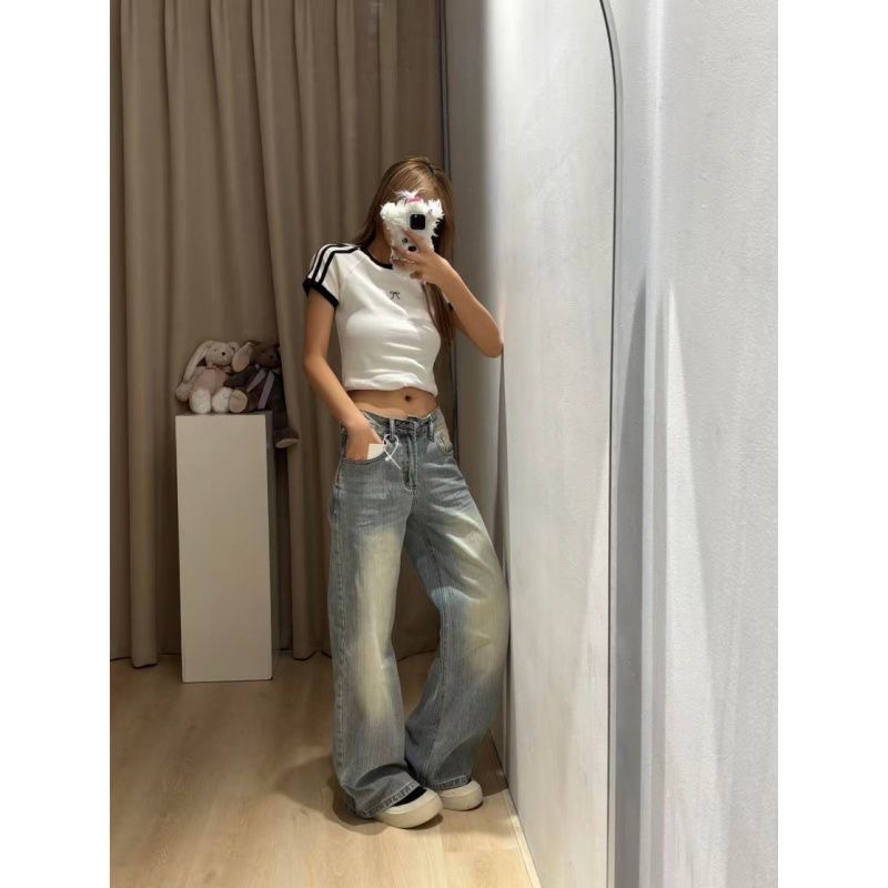 小個子復古彎刀牛仔褲女新款夏季高腰寬松直筒闊腿長褲