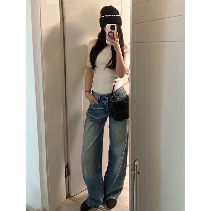 小個子美式復古小眾設計感闊腿牛仔褲女低腰寬松顯瘦直筒拖地長褲