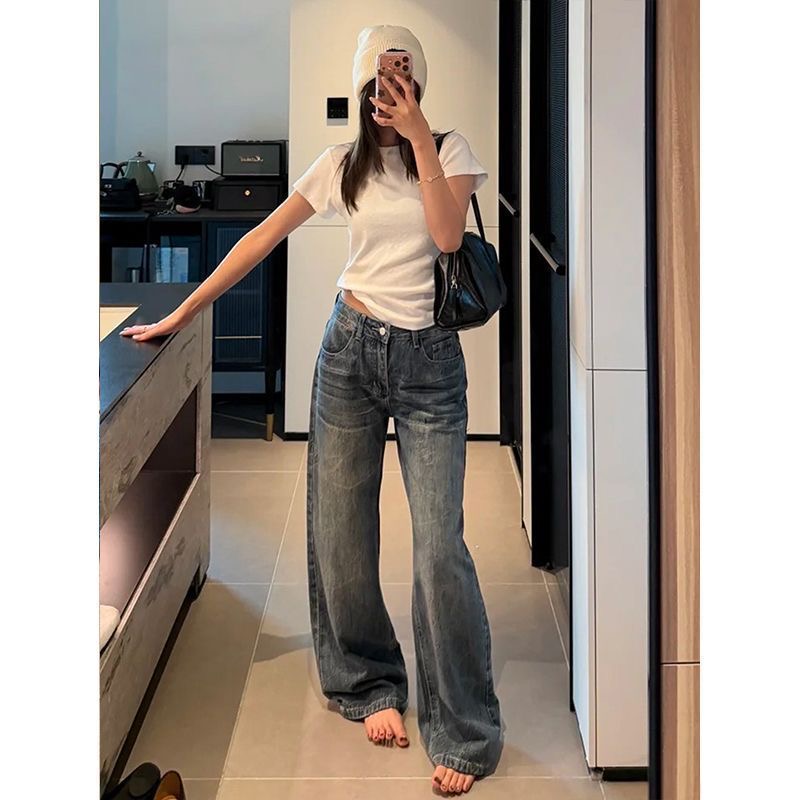 小個子美式復古小眾設計感闊腿牛仔褲女低腰寬松顯瘦直筒拖地長褲
