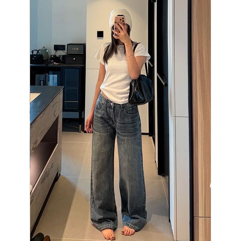 小個子美式復古小眾設計感闊腿牛仔褲女低腰寬松顯瘦直筒拖地長褲