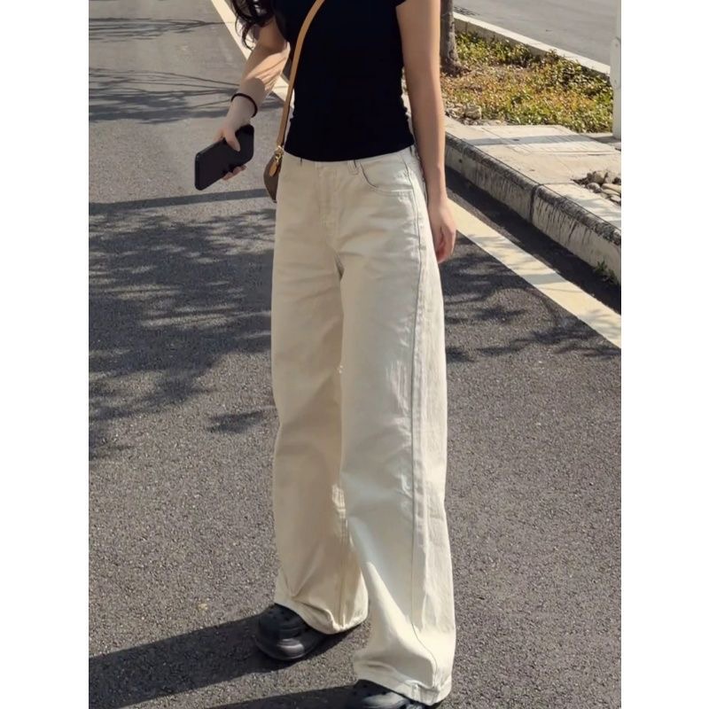 小個子美式杏色休閑低腰闊腿牛仔褲女夏季新款寬松顯瘦直筒拖地褲