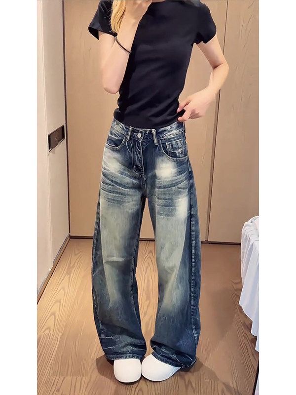 小個子美式高街復古水洗做舊牛仔褲女高腰寬松顯瘦闊腿彎刀褲