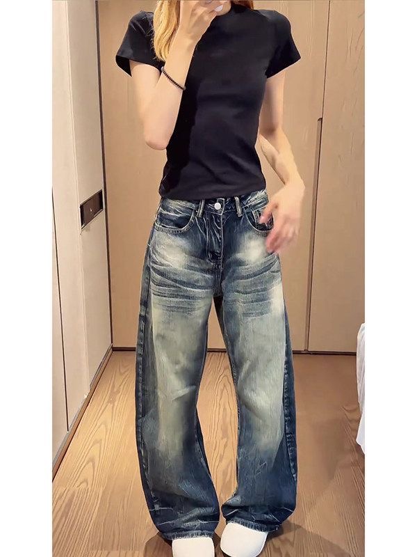 小個子美式高街復古水洗做舊牛仔褲女高腰寬松顯瘦闊腿彎刀褲