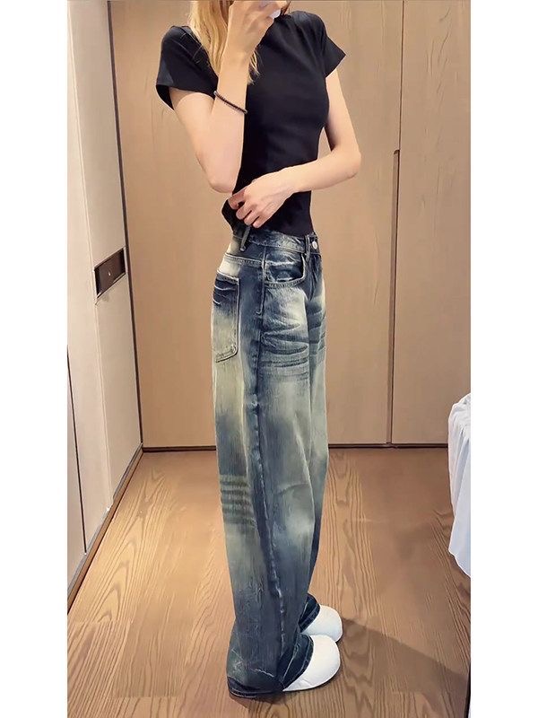 小個子美式高街復古水洗做舊牛仔褲女高腰寬松顯瘦闊腿彎刀褲