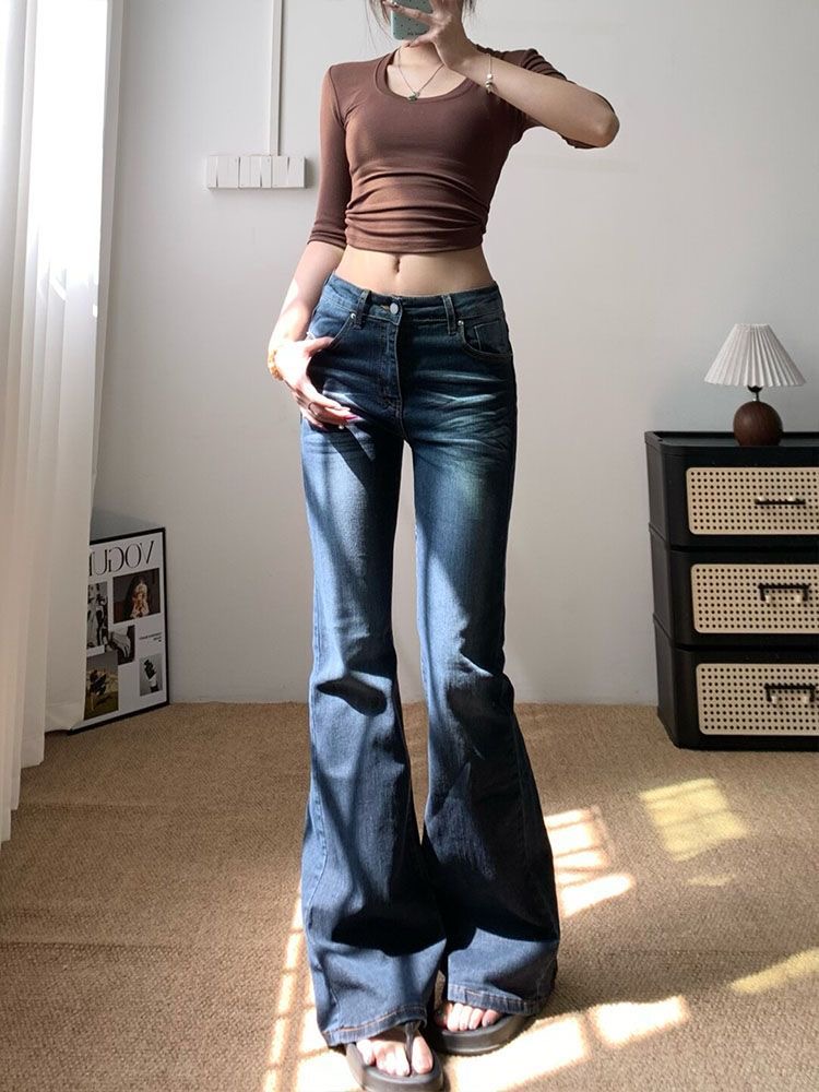 小個子微喇叭牛仔褲女新款梨形辣妹低腰修身顯瘦彈力馬蹄褲