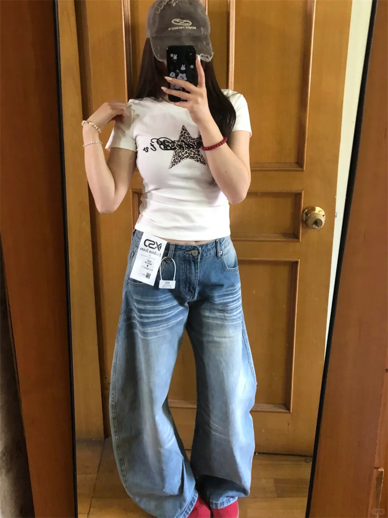 小個子美式口袋刺繡闊腿牛仔褲女夏季低腰寬松直筒拖地褲