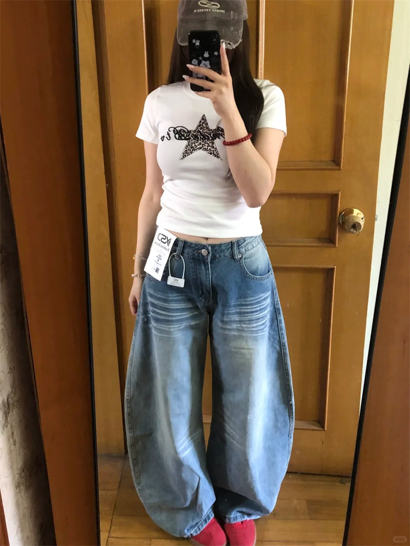 小個子美式口袋刺繡闊腿牛仔褲女夏季低腰寬松直筒拖地褲