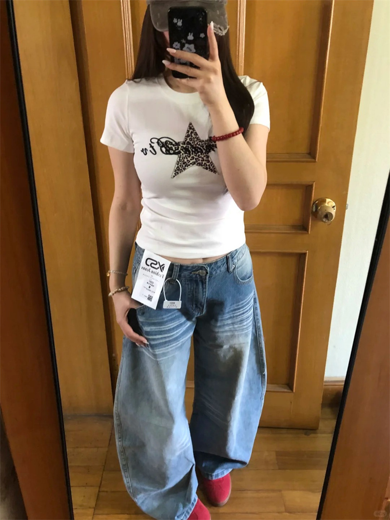 小個子美式口袋刺繡闊腿牛仔褲女夏季低腰寬松直筒拖地褲