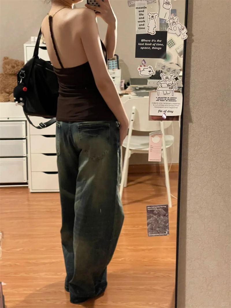 小個子美式復古貓須水洗做舊牛仔褲女高腰寬松顯瘦彎刀闊腿褲