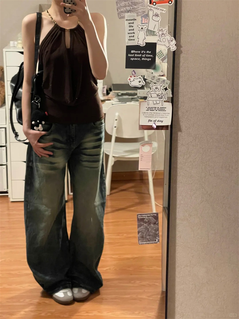 小個子美式復古貓須水洗做舊牛仔褲女高腰寬松顯瘦彎刀闊腿褲