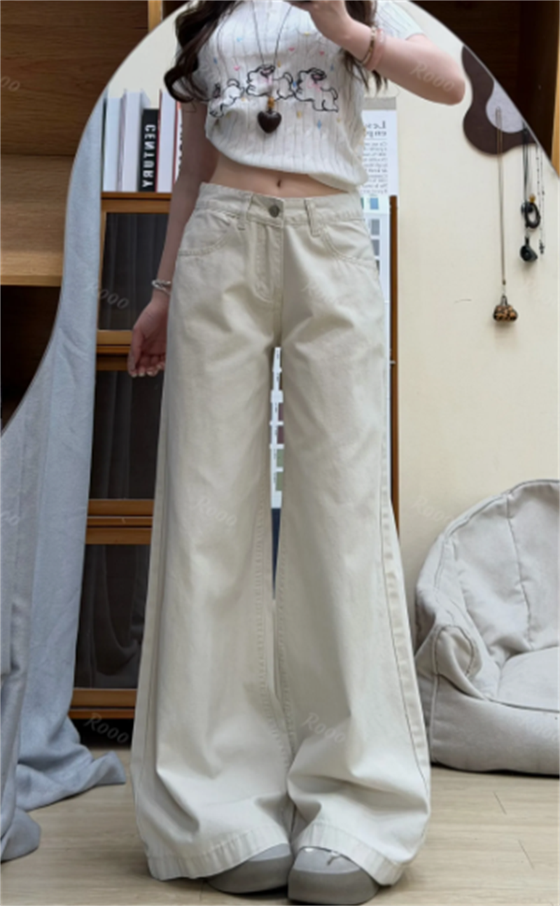 小個子美式杏色休閑低腰闊腿牛仔褲女夏季新款寬松顯瘦直筒拖地褲