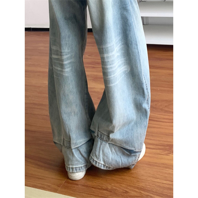 小個子美式口袋刺繡闊腿牛仔褲女夏季低腰寬松直筒拖地褲