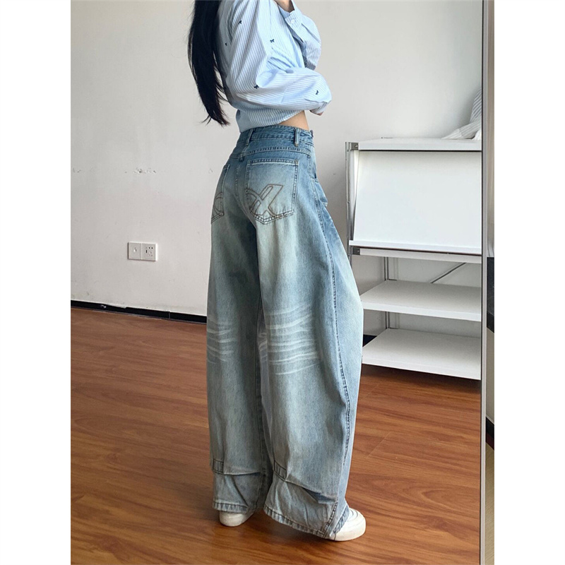 小個子美式口袋刺繡闊腿牛仔褲女夏季低腰寬松直筒拖地褲