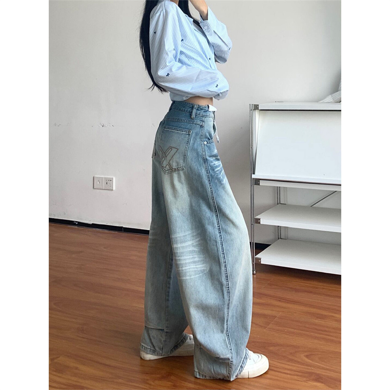 小個子美式口袋刺繡闊腿牛仔褲女夏季低腰寬松直筒拖地褲