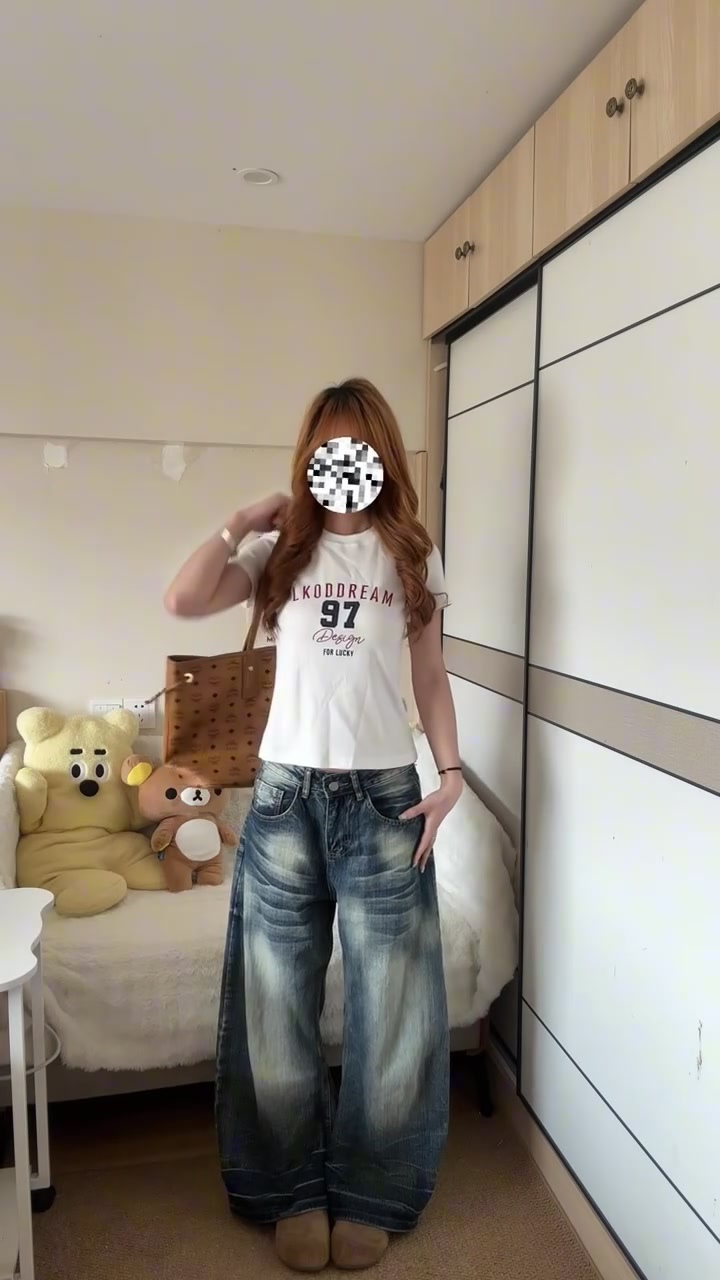 小個子美式復古貓須水洗做舊牛仔褲女高腰寬松顯瘦彎刀闊腿褲