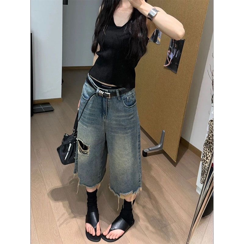 小個子美式直筒破洞牛仔短褲女夏季高街闊腿寬松顯瘦百搭七分中褲