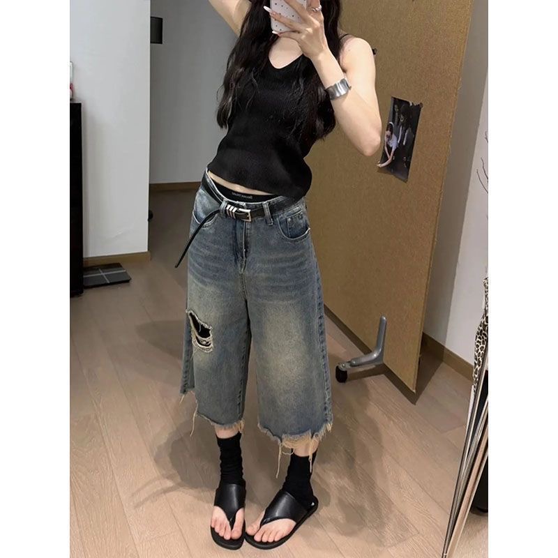 小個子美式直筒破洞牛仔短褲女夏季高街闊腿寬松顯瘦百搭七分中褲