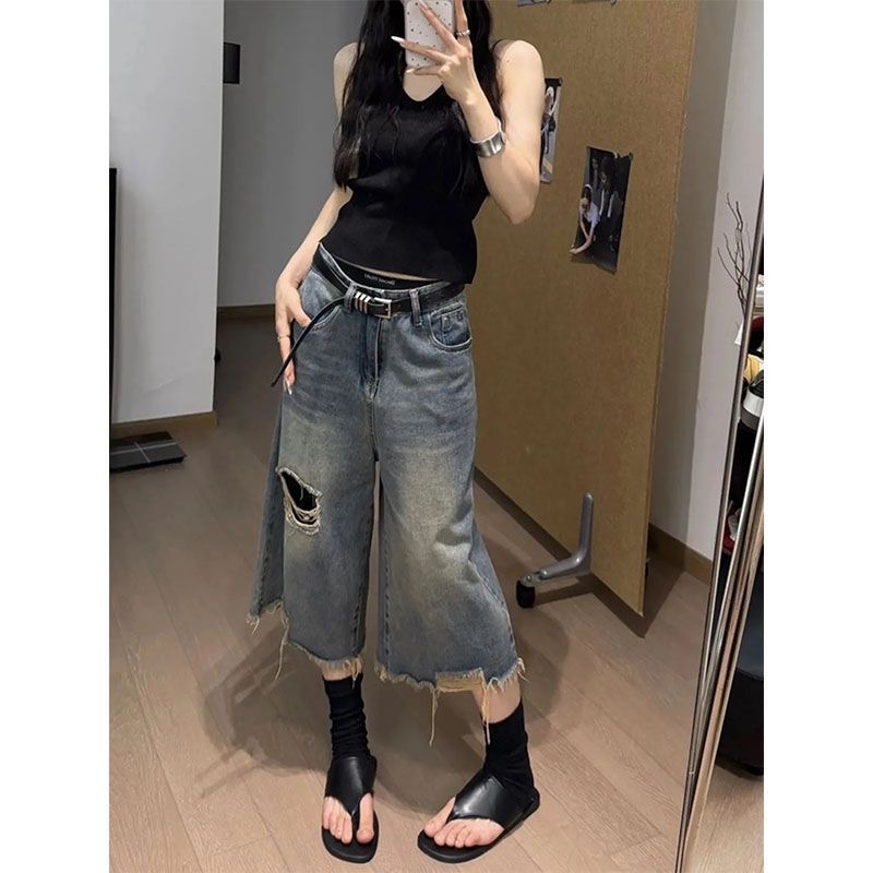 小個子美式直筒破洞牛仔短褲女夏季高街闊腿寬松顯瘦百搭七分中褲